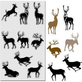 Threetols 9pcs Christmas Deer Clear Stamps for Card Making, Elk Clear Rubber Stamps Jumping Deer Stamps for Holiday Card Making Decor DIY Scrapbooking Transparent Album Decor Paper Craft