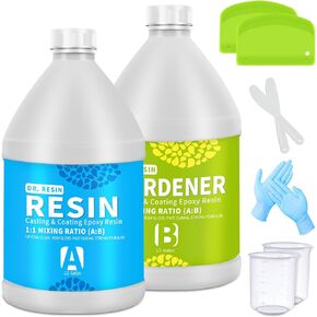 DR. RESIN 2 Part 1 Gallon Clear Epoxy Resin Kit (0.5 Gal Resin + 0.5 Gal Hardener) Crystal Jewelry Tabletop Resin with Cups Sticks Spreaders Gloves