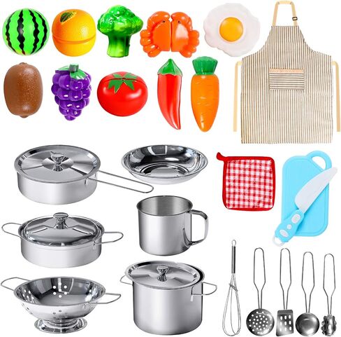 POPUTOY 28Pcs Pretend Play Kitchen Toys, Kitchen Playset Cooking Toys Set with Stainless Steel Cookware and Accessories for Kids Toddlers Girls Boys in Saudi Arabia