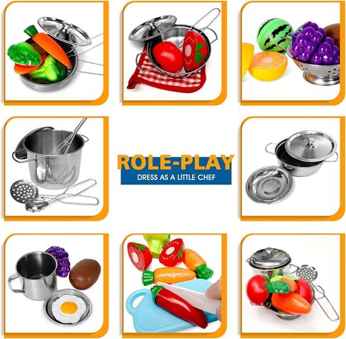 POPUTOY 28Pcs Pretend Play Kitchen Toys, Kitchen Playset Cooking Toys Set with Stainless Steel Cookware and Accessories for Kids Toddlers Girls Boys in Saudi Arabia