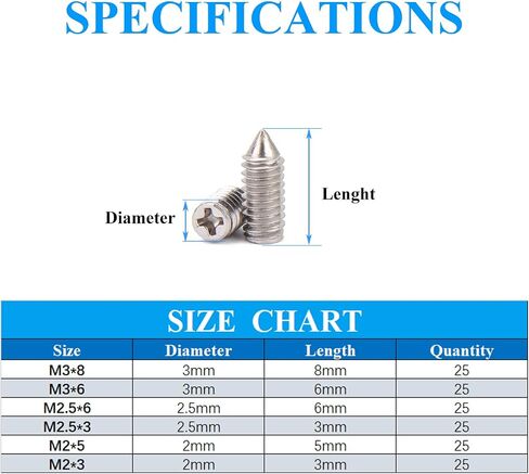 120 pcs Nickel Plated Tip Screws Pointed Cross Slot Leather Accessories 12 Sizes Belt Screws Include M2*3-M2*6, M2.5 * 3-M2.5 * 8, M3*3-M3*8 with 2mm Screwdriver for Belt Buckle Wallet Handbag Purse in Kuwait