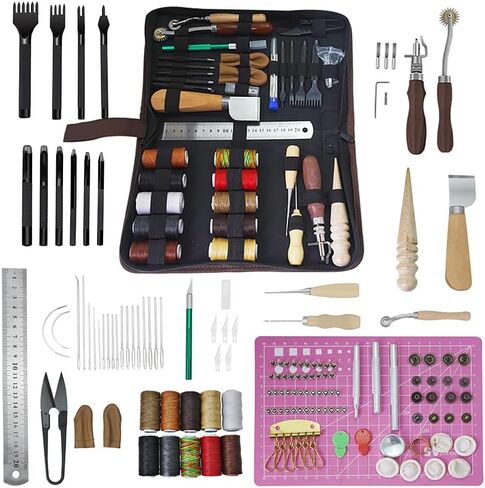 Amogto Leather Working Tools, Leather Tools Kit,98pcs Leather Sewing Kit,Leather Crafting Kit with Waxed Thread Groover Awl Snaps Buttons Stitching Punch Hole for Leathercraft Beginner or Adults Gifts in Kuwait