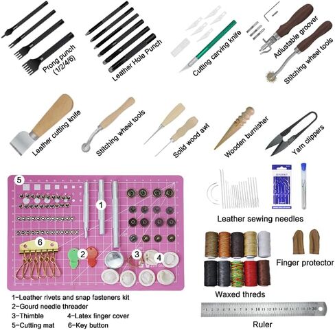 Amogto Leather Working Tools, Leather Tools Kit,98pcs Leather Sewing Kit,Leather Crafting Kit with Waxed Thread Groover Awl Snaps Buttons Stitching Punch Hole for Leathercraft Beginner or Adults Gifts in Kuwait