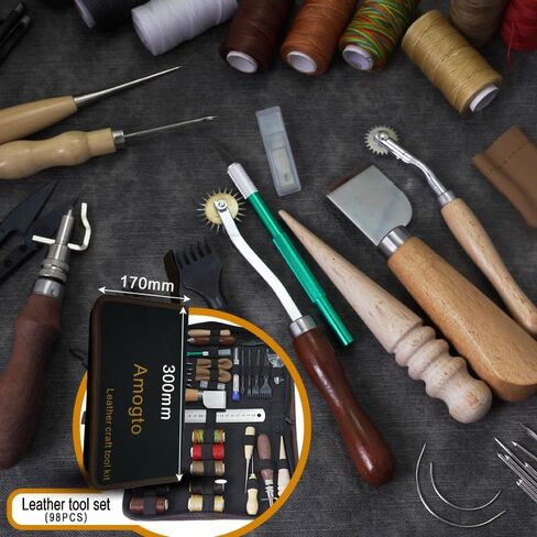 Amogto Leather Working Tools, Leather Tools Kit,98pcs Leather Sewing Kit,Leather Crafting Kit with Waxed Thread Groover Awl Snaps Buttons Stitching Punch Hole for Leathercraft Beginner or Adults Gifts in Kuwait