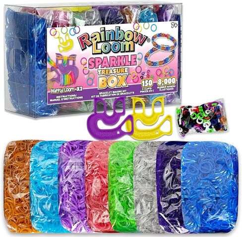 Rainbow Loom® Treasure Box Sparkle Edition، 8000 شريط مطاطي في 8 ألوان براقة مختلفة، ومكافأة مكونة من 2 نول سعيد، أنشطة رائعة للأولاد والبنات بعمر 7 سنوات فما فوق in Kuwait