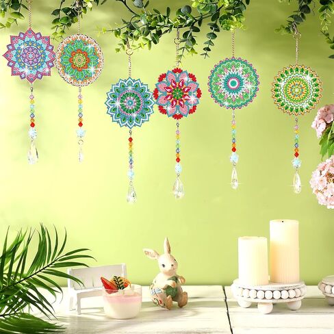 Tradder 6 Pcs Diamond Painting Wind Chimes Diamond Painting Kit Double Sided Mandala Ornaments with Crystal Pendant 5D Diamond Art for Spring Home Garden Hanging Ornament in Saudi Arabia