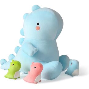 Onsoyours Dinosaur Stuffed Animal Mommy with 3 Dino in her Tummy, 4 piece of Cute Dinosaur Plush Pillow Toys for Kids Girls Boys (Blue Dinosaur Family)