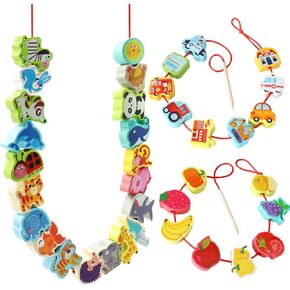 BMTOYS مونتيسوري التعليمية خيوط اللعب الخشبية التوتير حيوانات المزرعة الفواكه جلد الخرز لعبة ما قبل المدرسة للأطفال الصغار 3 4 5 سنوات من العمر بنين بنات in Kuwait