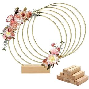 Worown 6 Pack 12 Inch Metal Floral Hoop Centerpiece with 6 Pack Wooden Stand for Table, Gold Metal Rings for Making Wedding Table Wreath Decor, Wall Hanging Wreaths and Dream Catcher Crafts