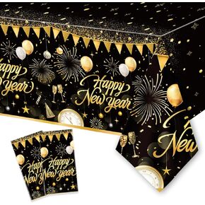قطعة واحدة من مفرش المائدة Happy New Year، زينة مفرش المائدة لحفلات NYE باللون الذهبي الأسود، غطاء طاولة بلاستيكي مستطيل Happy New Year، لوازم حفلات NYE لتزيين حفلات أعياد الميلاد، 108 × 54 بوصة