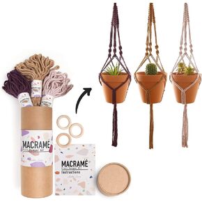 Macrame Kit, Makes 3 DIY Plant Hangers for Teens & Adult Beginners, Craft Supplies for Boho Art Project-3 Custom Color Macrame Cord, Wooden Rings & Instructions