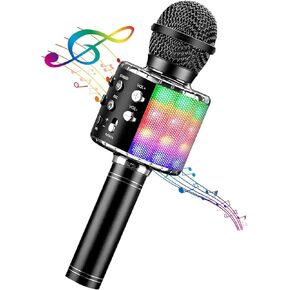 ShinePick Karaoke Microphone, 4 in 1 Wireless Microphone with LED Lights Handheld Portable Karaoke Machine, Home KTV Player, Compatible with Android & iOS Devices(Black)
