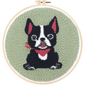 Boston Terrier Dog Punch Needle Starter Kits for Beginner Cartoon Pattern Printed Embroidery Kit Yarn DIY Easy Punch Hoop for Adults Kids Craft Home Ornament Decoration 20x20cm in Saudi Arabia