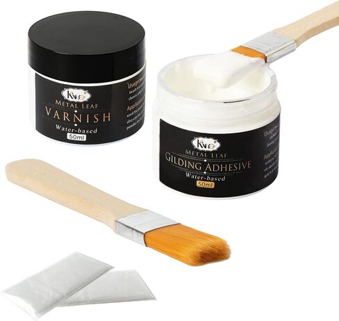 Gilding Adhesive, Gold Leaf Adhesive Kit, 50ml Gilding Epoxy Glue and 50ml Varnish, Water-Based Top Coat for Professional Craft Use in Kuwait