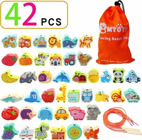BMTOYS مونتيسوري التعليمية خيوط اللعب الخشبية التوتير حيوانات المزرعة الفواكه جلد الخرز لعبة ما قبل المدرسة للأطفال الصغار 3 4 5 سنوات من العمر بنين بنات in Kuwait