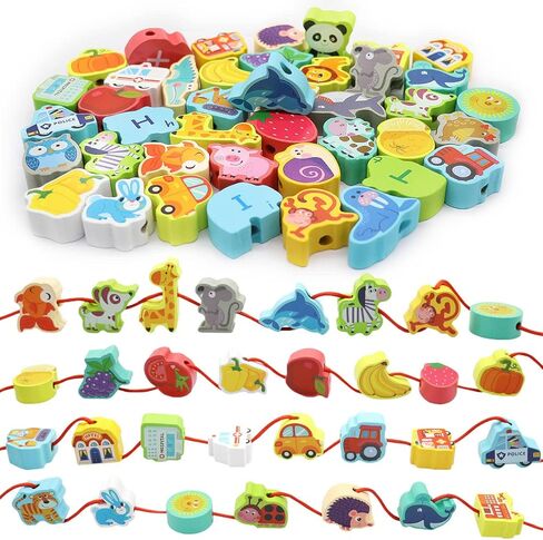 BMTOYS مونتيسوري التعليمية خيوط اللعب الخشبية التوتير حيوانات المزرعة الفواكه جلد الخرز لعبة ما قبل المدرسة للأطفال الصغار 3 4 5 سنوات من العمر بنين بنات in Kuwait