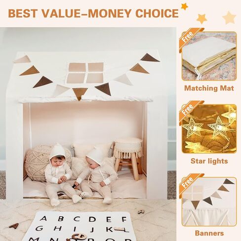 خيمة لعب للأطفال، بيت لعب كبير للأطفال مع بساط، ضوء وراية، خيمة بوهيمية مع نافذة علوية، سهلة الغسل، خيمة لعب داخلية وخارجية للأطفال، لون عاجي، 52 × 35 × 52 in Kuwait