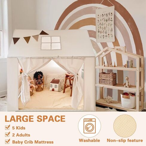 خيمة لعب للأطفال، بيت لعب كبير للأطفال مع بساط، ضوء وراية، خيمة بوهيمية مع نافذة علوية، سهلة الغسل، خيمة لعب داخلية وخارجية للأطفال، لون عاجي، 52 × 35 × 52 in Kuwait