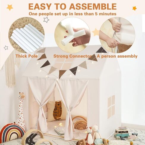 خيمة لعب للأطفال، بيت لعب كبير للأطفال مع بساط، ضوء وراية، خيمة بوهيمية مع نافذة علوية، سهلة الغسل، خيمة لعب داخلية وخارجية للأطفال، لون عاجي، 52 × 35 × 52 in Kuwait