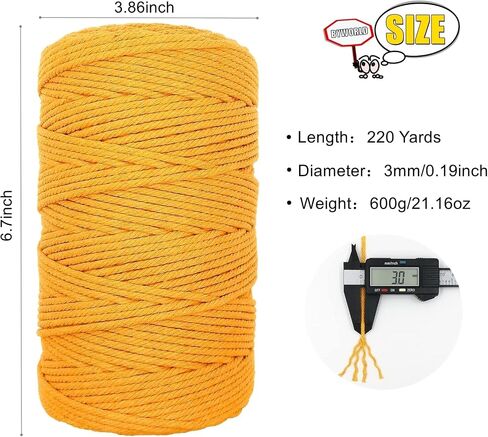 3mm 220 Yards Macrame Cord, BYWORLD 200m Cotton Rope Twine String,100% Natural Colored Macrame Rope for Macrame Kit, Plant Hangers, Wall Hanging, Christmas or Wedding Decorative(Beige Yellow) in Kuwait