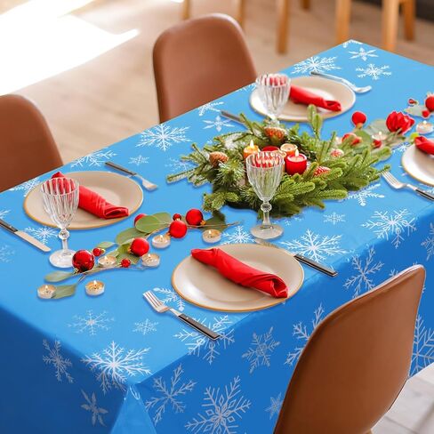 مفرش طاولة بيريتر 12 قطعة من البلاستيك المستطيل لعيد الميلاد مقاس 54 × 108 بوصة مفرش طاولة ندفة الثلج باللونين الأزرق والأبيض مفرش طاولة شتوي للاستعمال مرة واحدة غطاء طاولة طعام لعيد الميلاد وعيد الميلاد والشتاء لوازم الحفلات in Kuwait