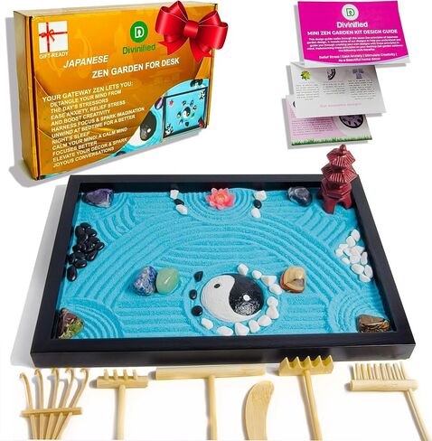 Japanese Zen Garden for Desk with 11x8 Inches Black Tray for Stress Relief. Mini Zen Garden Kit with Premium Zen Garden Accessories, Crystal Rocks, Bluish-Green Zen Sand for Sand Tray Therapy. in Saudi Arabia