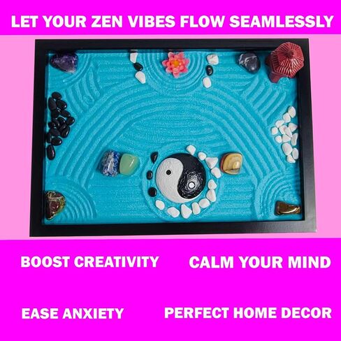 Japanese Zen Garden for Desk with 11x8 Inches Black Tray for Stress Relief. Mini Zen Garden Kit with Premium Zen Garden Accessories, Crystal Rocks, Bluish-Green Zen Sand for Sand Tray Therapy. in Saudi Arabia