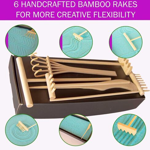 Japanese Zen Garden for Desk with 11x8 Inches Black Tray for Stress Relief. Mini Zen Garden Kit with Premium Zen Garden Accessories, Crystal Rocks, Bluish-Green Zen Sand for Sand Tray Therapy. in Saudi Arabia