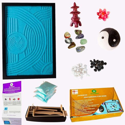 Japanese Zen Garden for Desk with 11x8 Inches Black Tray for Stress Relief. Mini Zen Garden Kit with Premium Zen Garden Accessories, Crystal Rocks, Bluish-Green Zen Sand for Sand Tray Therapy. in Saudi Arabia