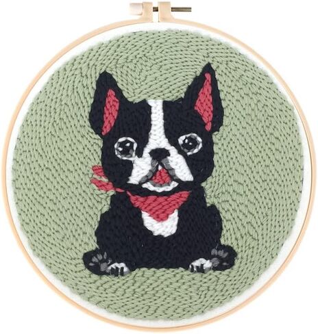 Boston Terrier Dog Punch Needle Starter Kits for Beginner Cartoon Pattern Printed Embroidery Kit Yarn DIY Easy Punch Hoop for Adults Kids Craft Home Ornament Decoration 20x20cm in Saudi Arabia