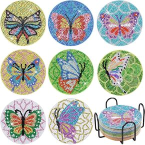 Fennoral 8 PCS Diamond Art Coasters with Holder,Diamonds Painting Coasters DIY Butterfly Coaster Diamonds Painting Kits for Adults Diamond Art Kits for Beginners Kids Craft Supplies Gift