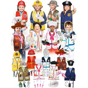 Hoosige 8 Set Kids Dress up Costume Set Christmas Role Play Dressing up Toddler Costume for Boys Girls Age 6+, Firemans, Police, Construction Worker, Cowboys, Painter Etc for Pretend Role Accessories in Kuwait