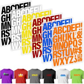24 Sheets 1056 Pieces Iron on Letters for Clothing, 2 Inch 6 Colors Heat Transfer Vinyl Patches PU Alphabets Sticker T-Shirt Printing DIY Crafts Decorations (Black, White, Yellow, Red, Blue, Orange)