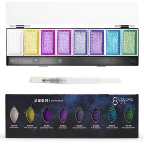 LIGHTWISH Metallic Waterolor Paints,8 Shimmery Gold Colors, Artist Glitter Solid Watercolors with 1 Water Brush Pen for Artists, Students and Painting Beginners