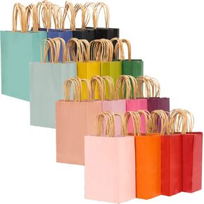 qiqee 32-Packs Paper Bags with Handles Bulk 7.6"x4.75"x10.5" Medium Gift Bags 16 Different Senior Color Bags Multiple Uses（Medium Size）