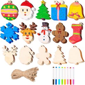 JOYIN 100 Pcs Christmas Wooden Hanging Ornaments with 8 Colored Pens, Unfinished Wood Ornaments Bulk for Kids Make Your Own Craft, Coloring Ornament Gifts for Xmas DIY Tree Decor Party Supplies in Saudi Arabia
