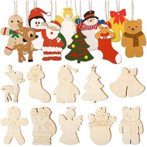 WILLBOND 60 Pieces DIY Unfinished Wooden Christmas Ornaments Wood Paintable, to Paint Holiday Hanging Ceramic Decorations with Rope for Embellishments Crafts Centerpieces in Kuwait