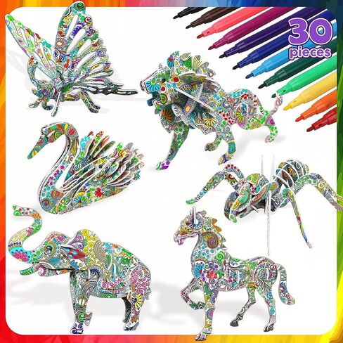 Toy Life 3D Coloring Puzzle Set - 6 Animals Puzzle with 24 Pen Markers Art and Craft Coloring Painting Art Set for Girl 3D Puzzles for Kids Ages 7 8 9 10 11 DIY Art Craft Toys Gift for Girls and Boy in Saudi Arabia