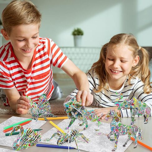 Toy Life 3D Coloring Puzzle Set - 6 Animals Puzzle with 24 Pen Markers Art and Craft Coloring Painting Art Set for Girl 3D Puzzles for Kids Ages 7 8 9 10 11 DIY Art Craft Toys Gift for Girls and Boy in Saudi Arabia