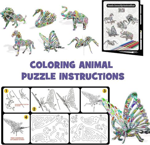Toy Life 3D Coloring Puzzle Set - 6 Animals Puzzle with 24 Pen Markers Art and Craft Coloring Painting Art Set for Girl 3D Puzzles for Kids Ages 7 8 9 10 11 DIY Art Craft Toys Gift for Girls and Boy in Saudi Arabia