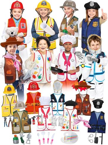 Hoosige 8 Set Kids Dress up Costume Set Christmas Role Play Dressing up Toddler Costume for Boys Girls Age 6+, Firemans, Police, Construction Worker, Cowboys, Painter Etc for Pretend Role Accessories in Kuwait