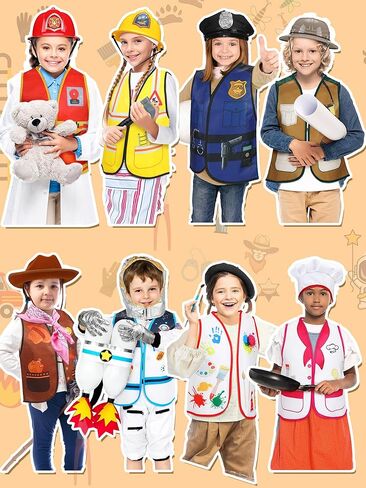 Hoosige 8 Set Kids Dress up Costume Set Christmas Role Play Dressing up Toddler Costume for Boys Girls Age 6+, Firemans, Police, Construction Worker, Cowboys, Painter Etc for Pretend Role Accessories in Kuwait