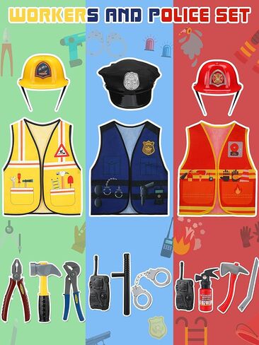 Hoosige 8 Set Kids Dress up Costume Set Christmas Role Play Dressing up Toddler Costume for Boys Girls Age 6+, Firemans, Police, Construction Worker, Cowboys, Painter Etc for Pretend Role Accessories in Kuwait