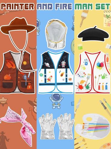 Hoosige 8 Set Kids Dress up Costume Set Christmas Role Play Dressing up Toddler Costume for Boys Girls Age 6+, Firemans, Police, Construction Worker, Cowboys, Painter Etc for Pretend Role Accessories in Kuwait