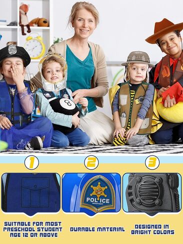 Hoosige 8 Set Kids Dress up Costume Set Christmas Role Play Dressing up Toddler Costume for Boys Girls Age 6+, Firemans, Police, Construction Worker, Cowboys, Painter Etc for Pretend Role Accessories in Kuwait