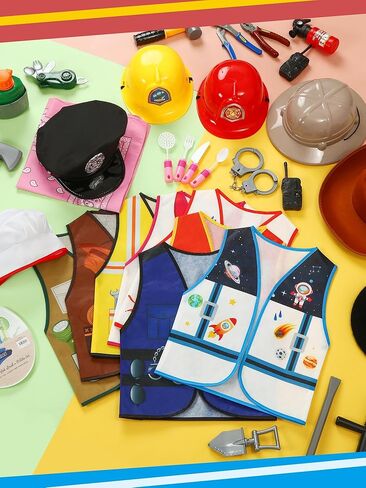 Hoosige 8 Set Kids Dress up Costume Set Christmas Role Play Dressing up Toddler Costume for Boys Girls Age 6+, Firemans, Police, Construction Worker, Cowboys, Painter Etc for Pretend Role Accessories in Kuwait