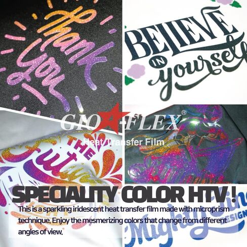 تي شيرت GIO-FLEX Aurora Glitter نقل الحرارة من الفينيل مقاس 10 × 12 بوصة - 12 لامع 4 نوع لامع عاكس HTV لاصق بالكي على النقل متوافق مع Cricut وSilhouette Cameo الضغط الحراري سهل قطع الأعشاب in Kuwait