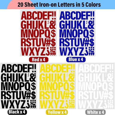 24 Sheets 1056 Pieces Iron on Letters for Clothing, 2 Inch 6 Colors Heat Transfer Vinyl Patches PU Alphabets Sticker T-Shirt Printing DIY Crafts Decorations (Black, White, Yellow, Red, Blue, Orange) in Kuwait