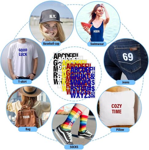 24 Sheets 1056 Pieces Iron on Letters for Clothing, 2 Inch 6 Colors Heat Transfer Vinyl Patches PU Alphabets Sticker T-Shirt Printing DIY Crafts Decorations (Black, White, Yellow, Red, Blue, Orange) in Kuwait