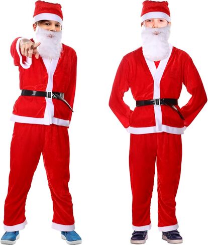 JaGely 2 Set Boys Santa Costume Including 2 Top Santa Suit Costumes, 2 Santa Claus Pant, 2 Black Belt, 2 Santa Beard, 2 Child Santa Hat Christmas Costume Kids Xmas Suit for Boys 9-13 Years in Saudi Arabia